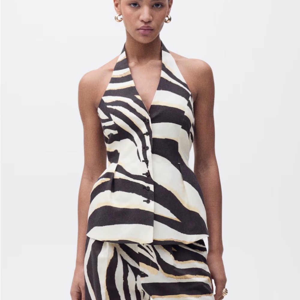 Mango Zebra-Print Halter Top in Black, White and Beige